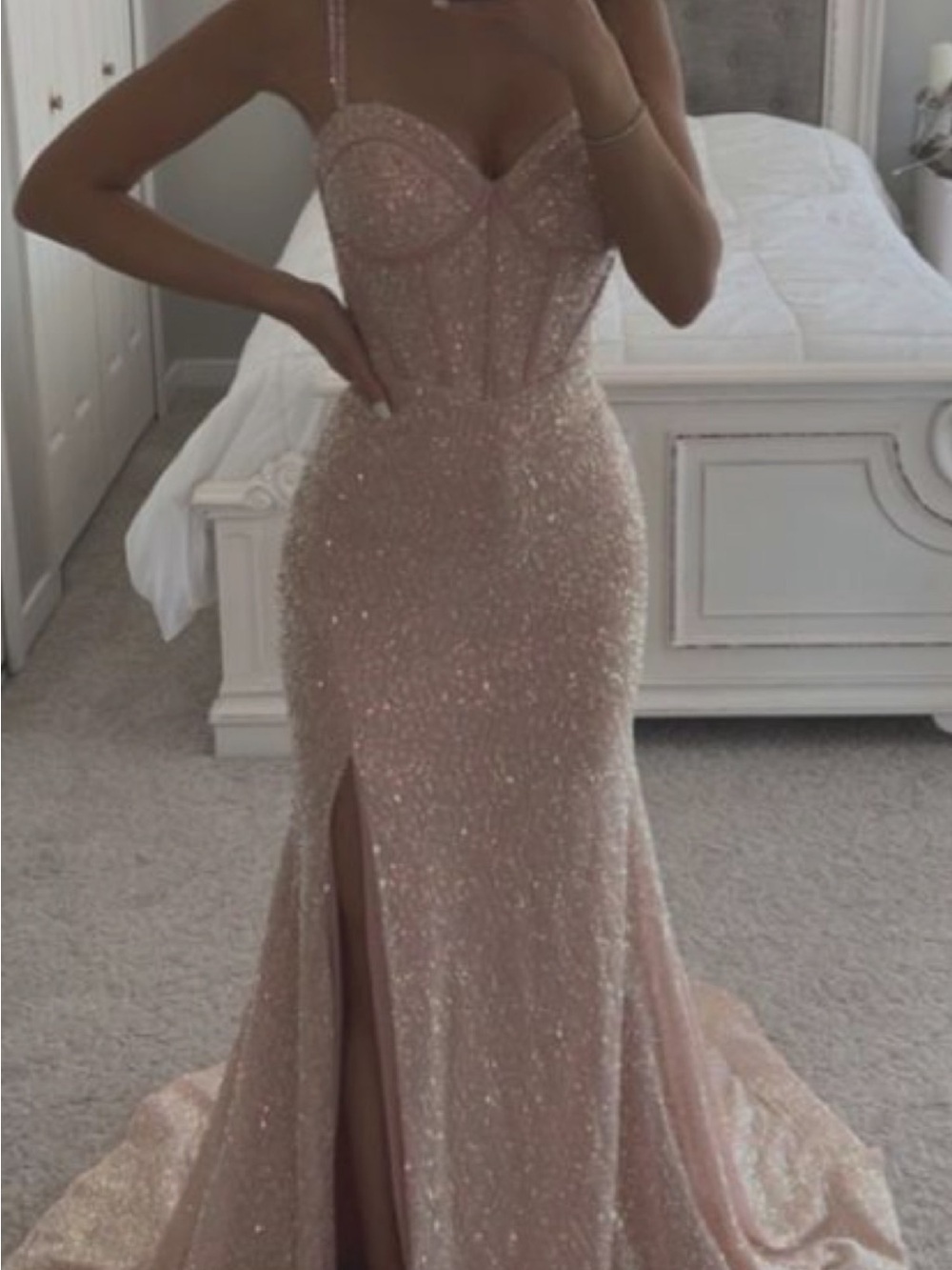 Sparkling Blush Sequin Mermaid Maxi Dress with Spaghetti Straps (missing ribbon)